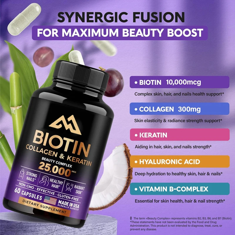 

Biotin Collagen Keratin Hyaluronic Acid Vitamin B Hair Growth Support Supplement Skin and Nail Beauty Complex Capsules 25000 mcg