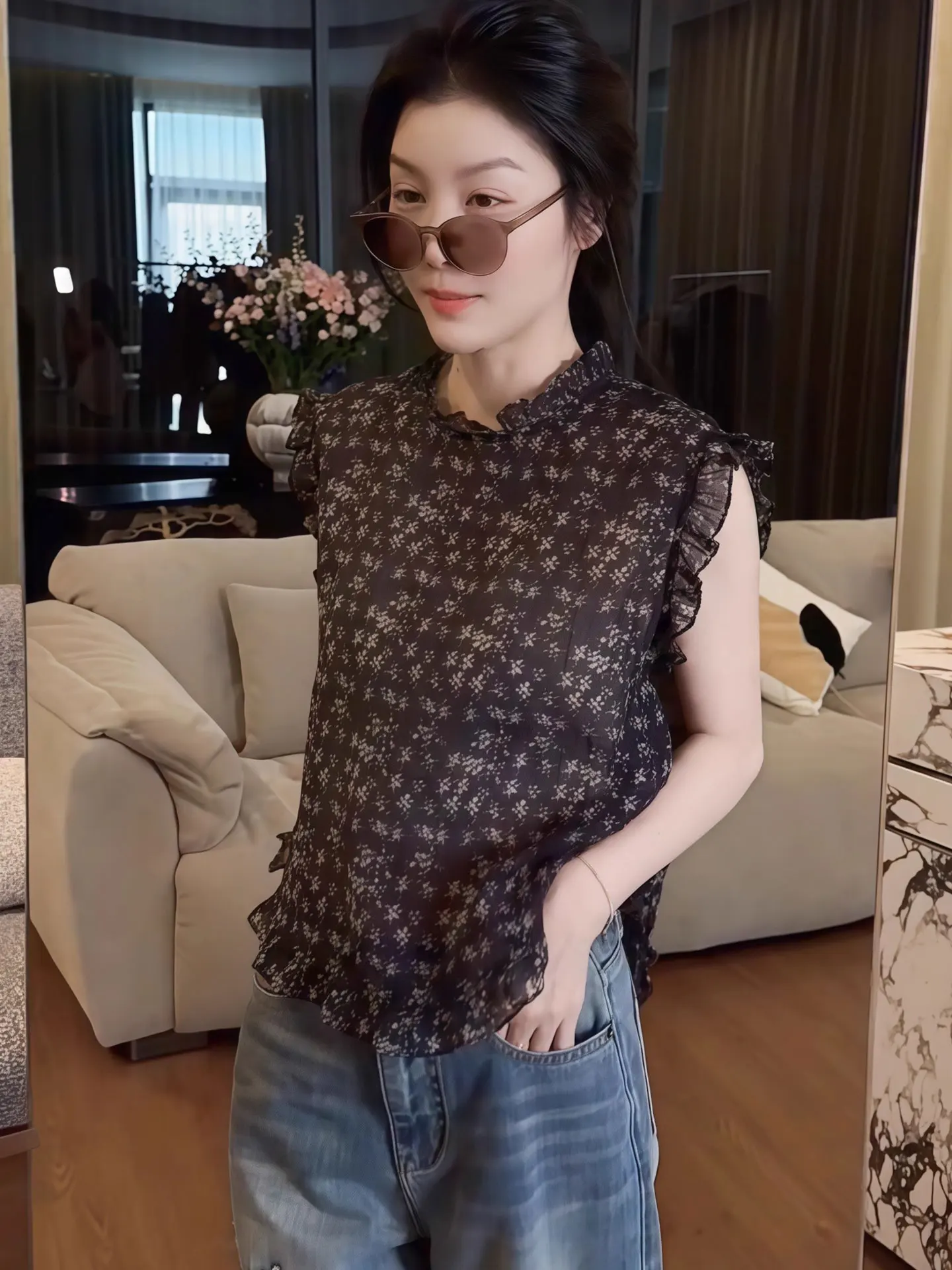 

Ele Splicing Design Gored Skirt Ultra-Violet Color Silk Chiffon Blouse Korean Sle Printed ort Sve Women's Top