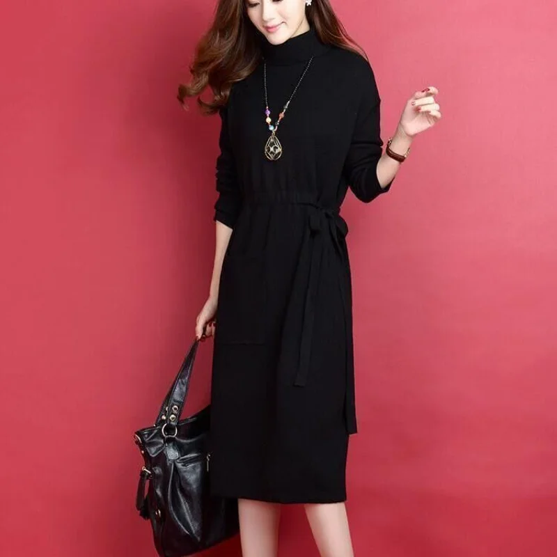 Women Autumn and Winter Korean Style New Turtleneck Pullover Solid Color Bow Tighten Your Waist Appears Thin Long Sleeves Dress