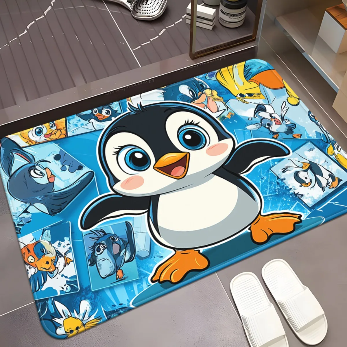 Adorable Cartoon Penguin Welcome Mat Door Mat for Entryway Nautical Ocean Home Decor Sea Life Cute Rug