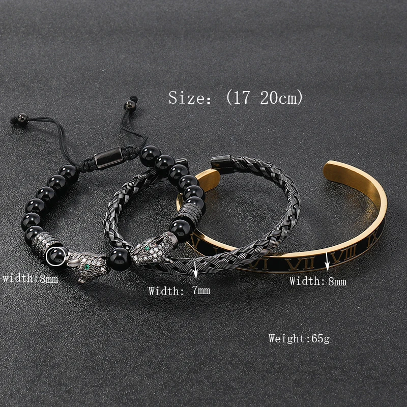 Luxury Black Stone Beads Leopard Head Man Bracelet Enamel Stainless Steel Roman Bangles Women Jewelry Set