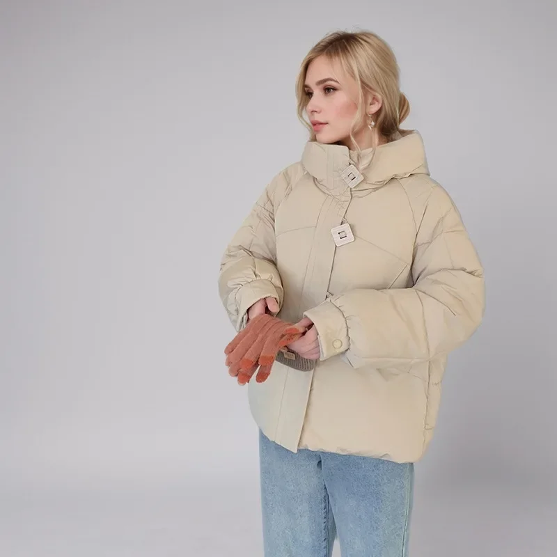 Winter-Parka für Damen, gespleißt, einreihig, große Taschen, gepolsterter Mantel für Stehkragen, lässiger Damenmantel