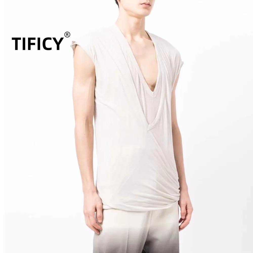 High Street Dark RO Tees T Shirt Men's Mainline Thin Short Sleeved Double-layer Deep V-neck Vest Loose Tank T-shirt Base Top - Image 2