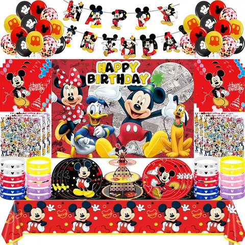 미키 마우스 생일 파티 장식 식탁보 배경 미키 풍선 세트 케이크 토퍼 종이 접시 컵 냅킨 파티 용품
