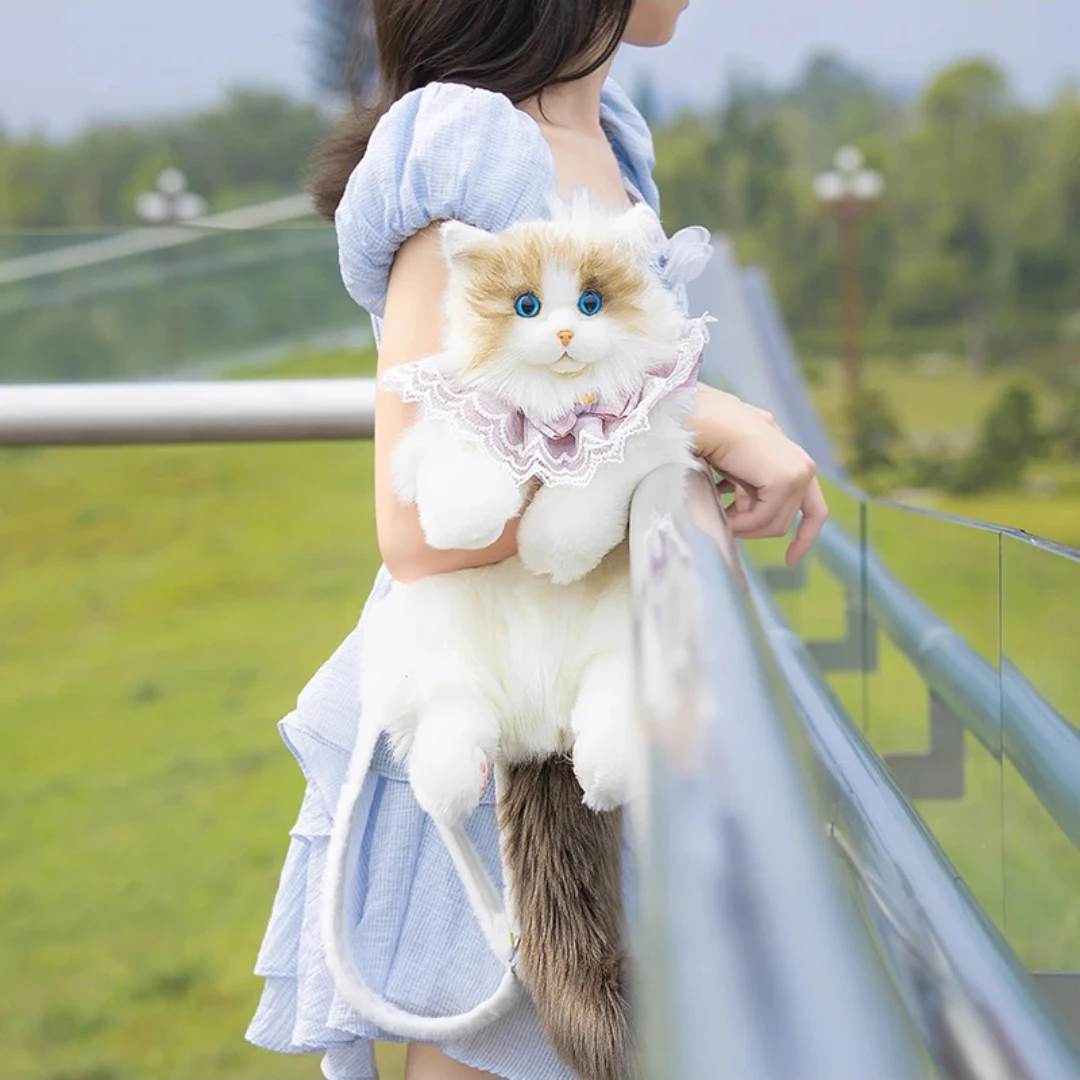 Pure handmade simulation plush cat backpack Trendy and fashionable doll cat bags Cat shopping bag suitable for birthday gifts