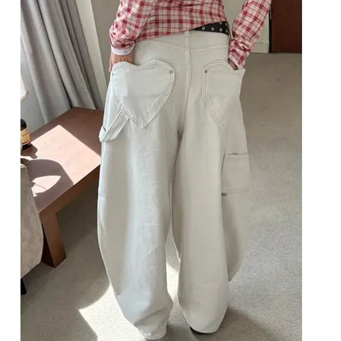 

Loose Fit Vintage Denim Jeans with Drawstring And Large Pockets Color Casual High Waist Cotton Jeans for Women