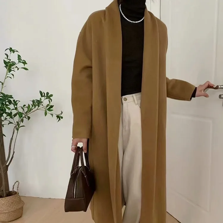 Autumn and Winter High end Luxury 30 Cashmere Coat Long Women's Minimalist Lazy Bathrobe Wind Green Fruit Neck Double sided