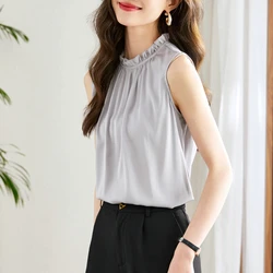 Summer Women's blouse Satin Women Tops Fashion Silk Blouse Women Sleeveless Stand Collar Blouses OL Female Clothing Ladies Tops