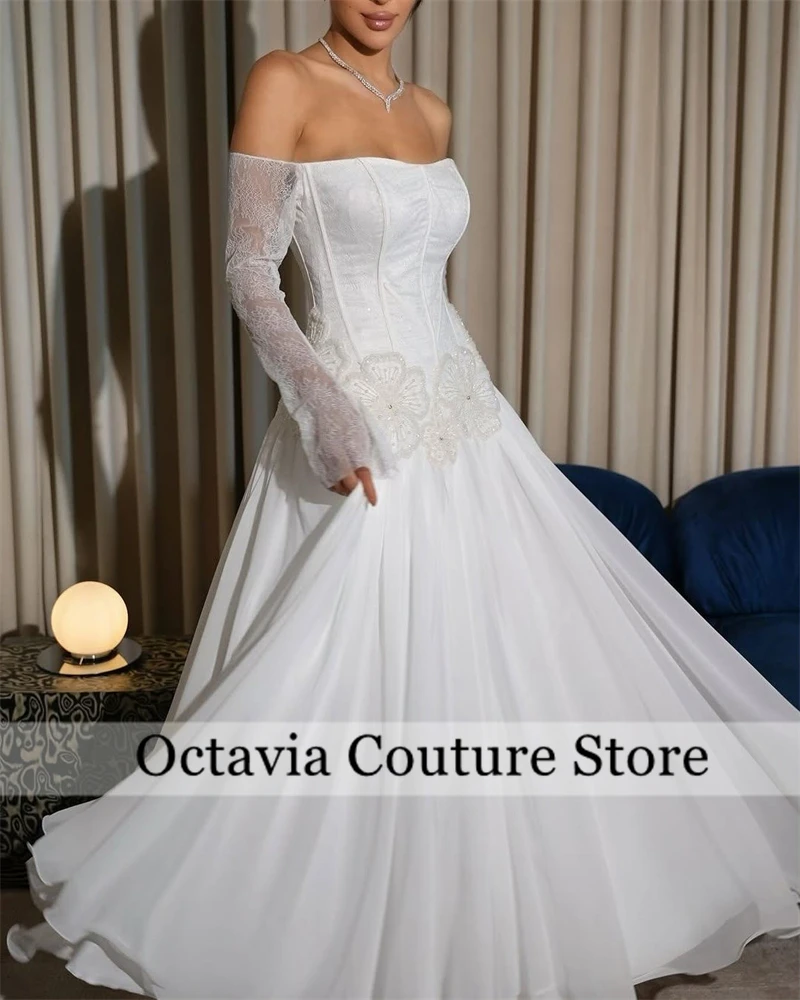 Sukienka wieczorowa szyta na miarę, delikatna, biała, szyfonowa, dekolt łódka, odkryte ramiona, długie rękawy, suknie celebrytek, Vestido De Fesفستان وردي