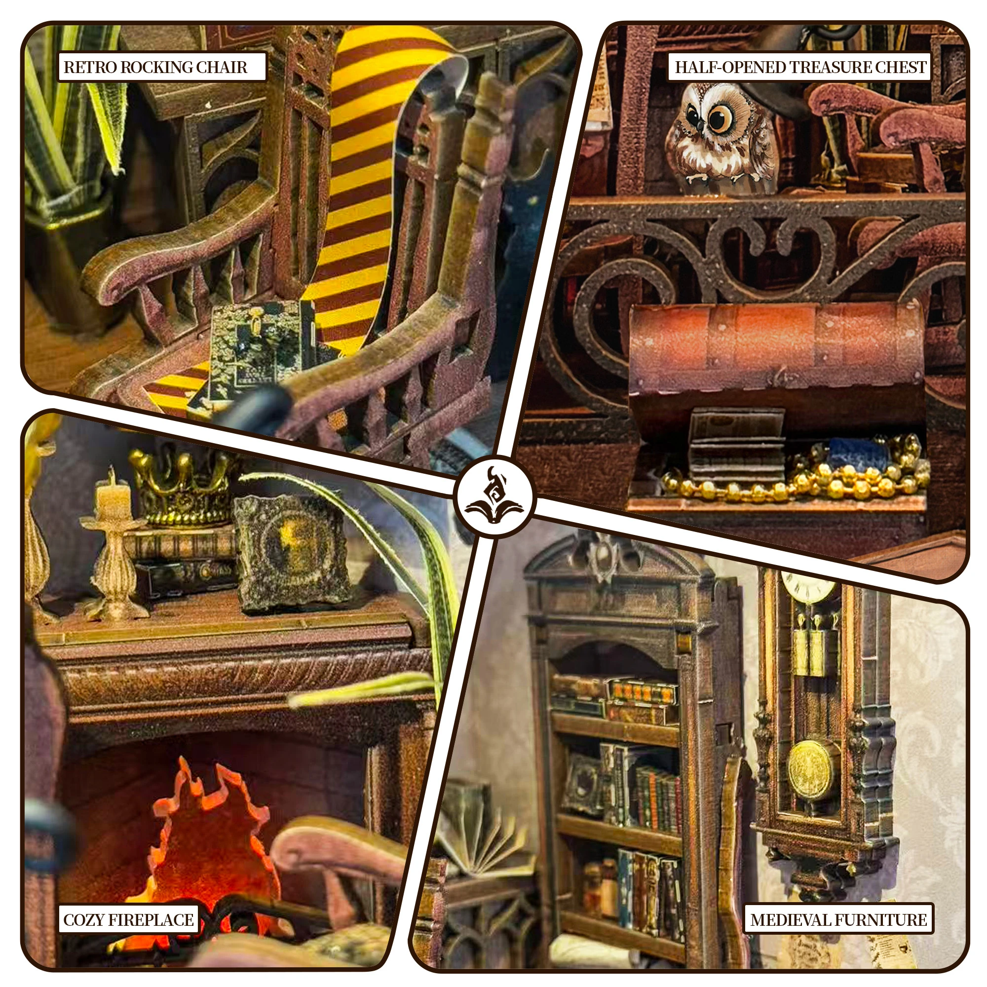DIY Buchecke Holz Miniatur Modellbausätze Magic Abode Buchstütze 3D Puzzle mit Licht Bücherregal für Freund Geburtstagsgeschenke