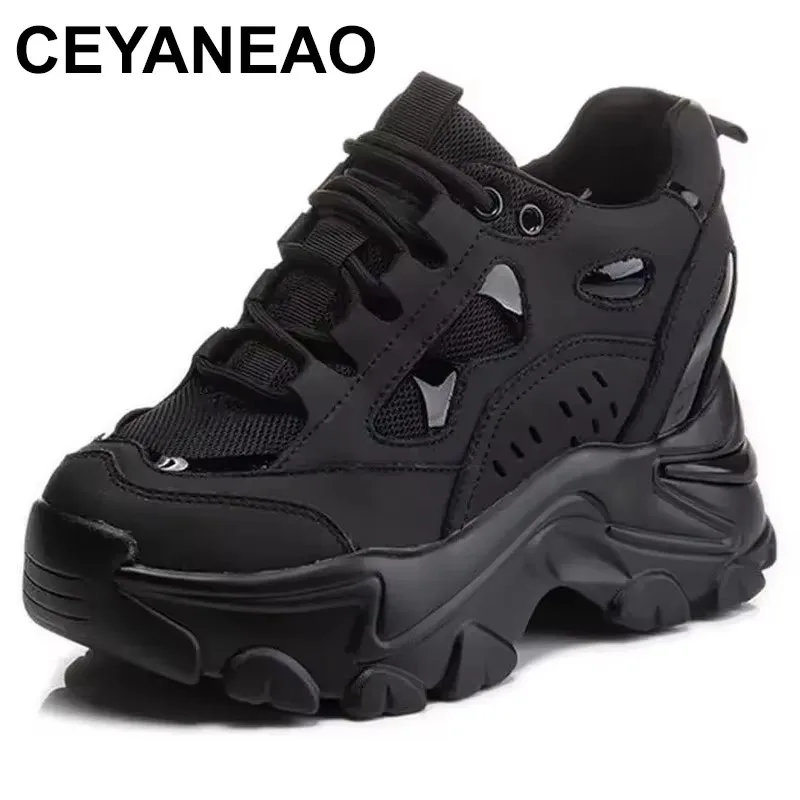 

2025 Genuine Leather Women Hidden Increasing Casual 8cm Platform Wedge Sneakers Chunky Shoes Women Spring Autumn Leisure Shoes