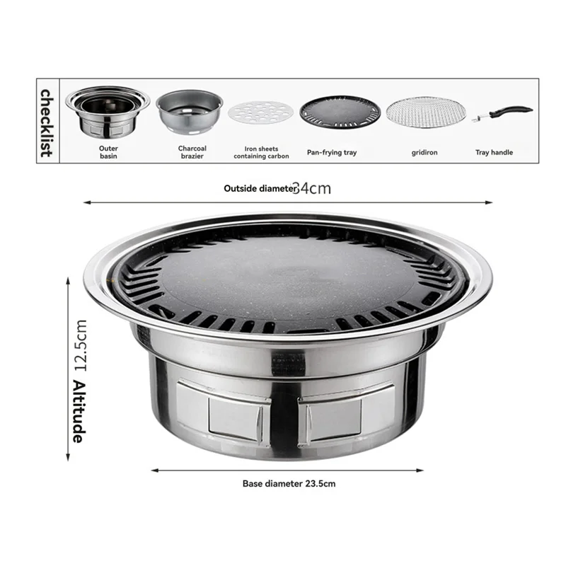 B59B-13 Inch Stainless Steel Korean Barbecue Multifunctional Charcoal Barbecue Grill Portable Charcoal Stove Forcamping Picnic I