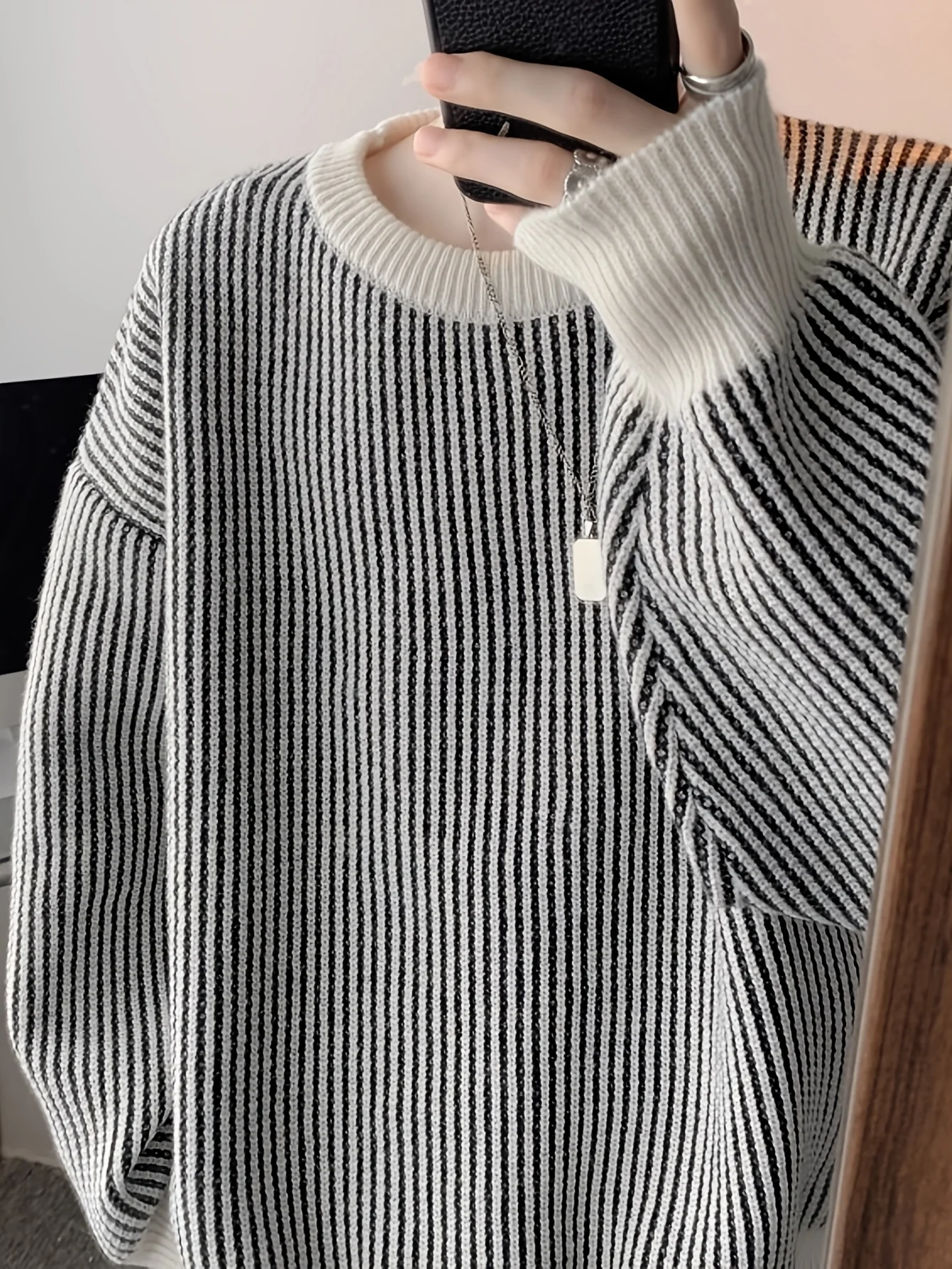 LVLAEA Pullover lavorato a maglia a righe intrecciate autunno inverno, girocollo a maniche lunghe da uomo, top streetwear allentato casual stile pigro