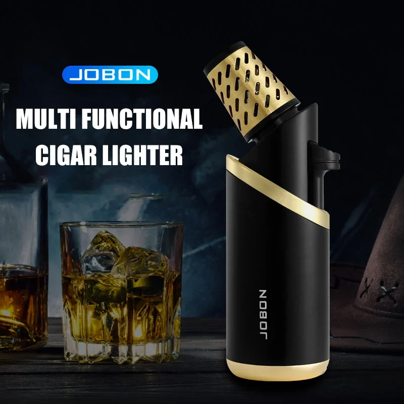2025 JOBON Multi Functional Cigar Lighter Strong Three Blue Flame Bottom 8mm Cigar Diamond Knife Adjustable Flame Cigar Needle