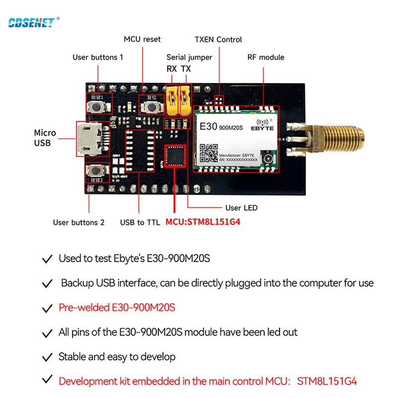 CDSENET USB to TTLTest Board Development Evaluation kit SI4438/4463 TXEN control With Rubber Anttenna E30-900MBL-01