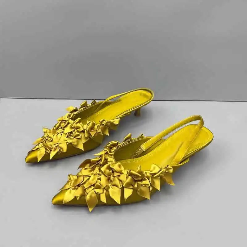Sexy Women Bow Sandals Fashion Pointed Toe Slingback Shoes 2024 Summer New Low Heels Slides Elegant Dress Women Pumps Slipeprs