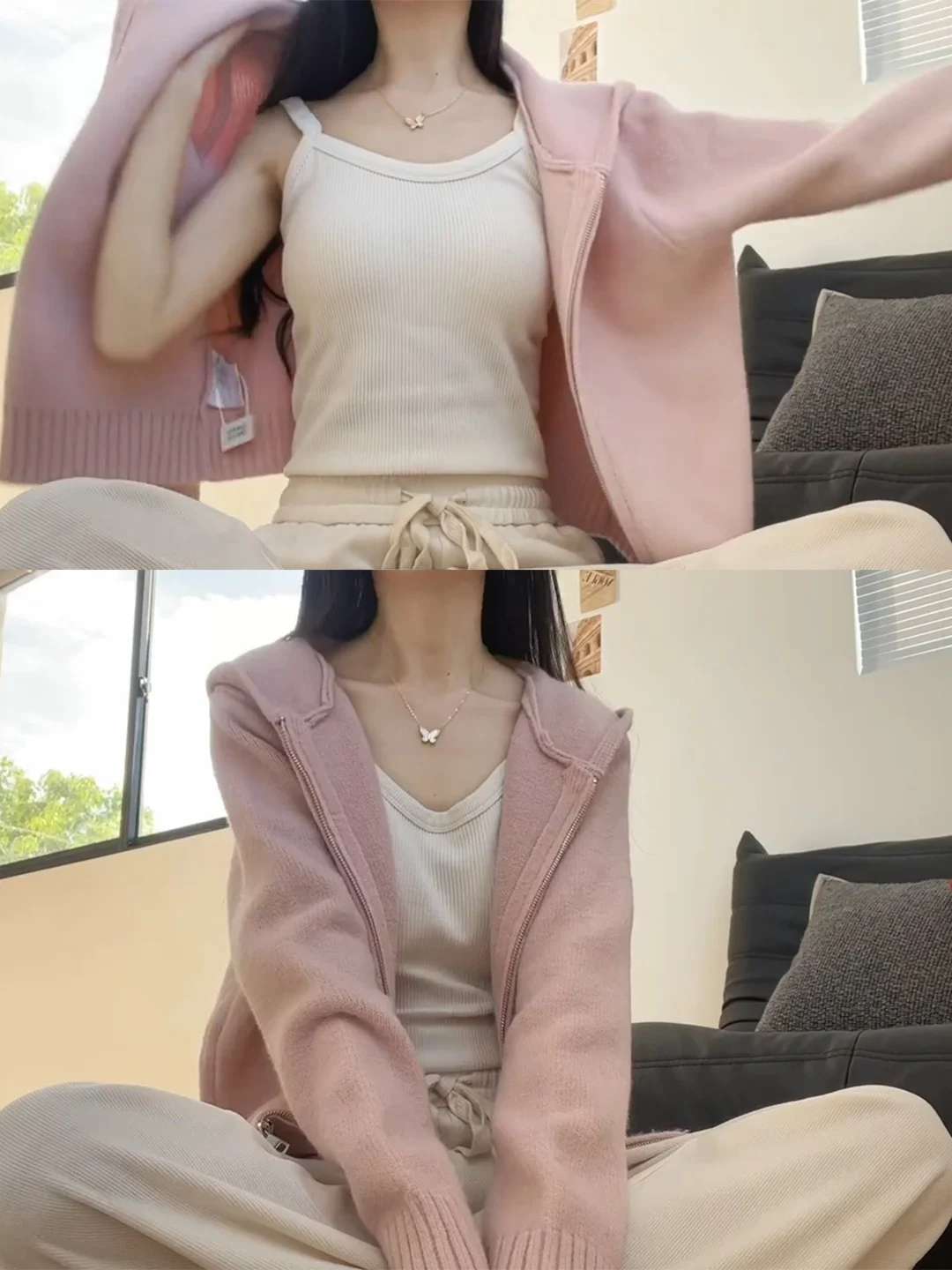 เสื้อสเวตเตอร์ถักมีฮู้ดสีชมพูสำหรับผู้หญิง ฤดูใบไม้ร่วง ฤดูหนาว ทรงหลวม นุ่ม สบาย เสื้อคลุมคาร์ดิแกนแบบมีซิป สไตล์ลำลอง