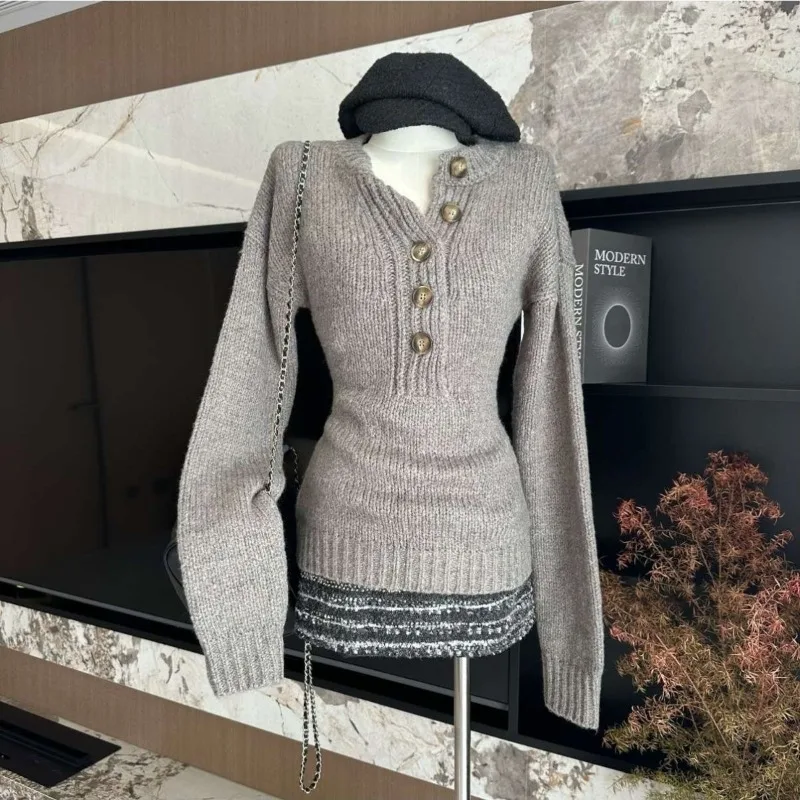

Deeptown Gray V Neck Vintage Women Sweaters Preppy Long Sleeve Korean Fashion Knit Pullovers Slim Old Money Basic Casual Winter