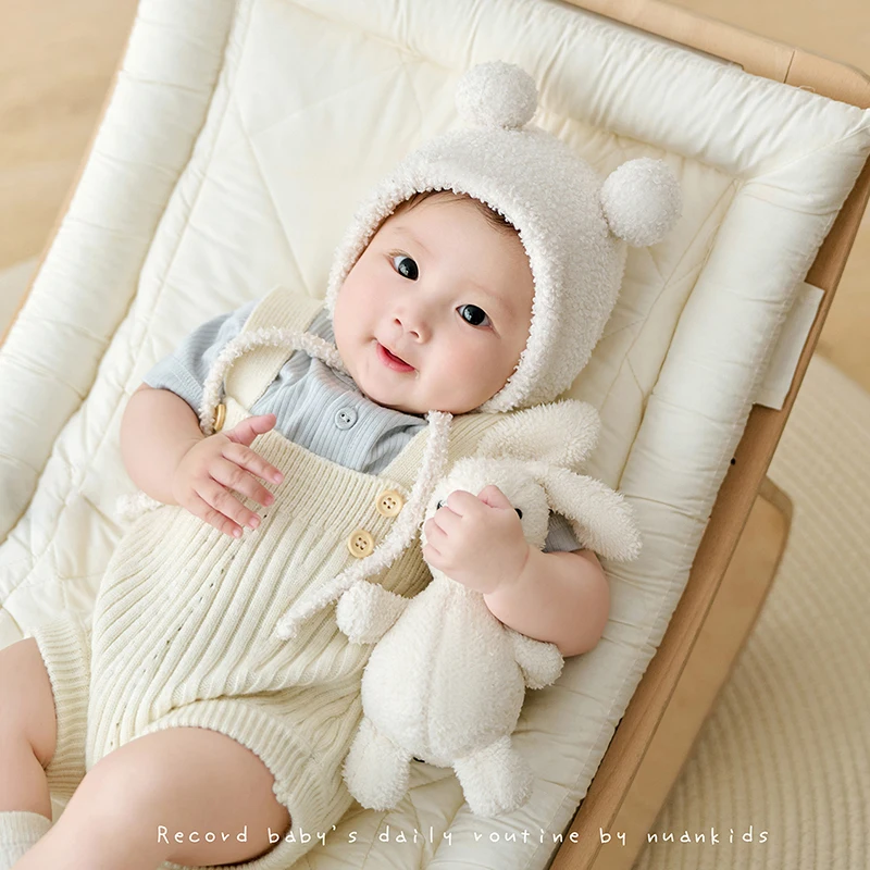 Cute Baby Bear Outfit Knitted Short-Sleeved Overalls Set 100 Days Baby Photography Props Rabbit Toy Newborn Shoot Accessories