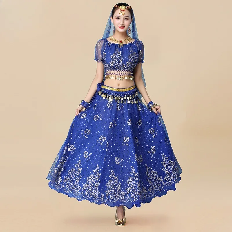 Nuevo traje de danza étnica estilo Xinjiang traje de danza del vientre indio Chiff en vestido de actuación conjunto para adultos