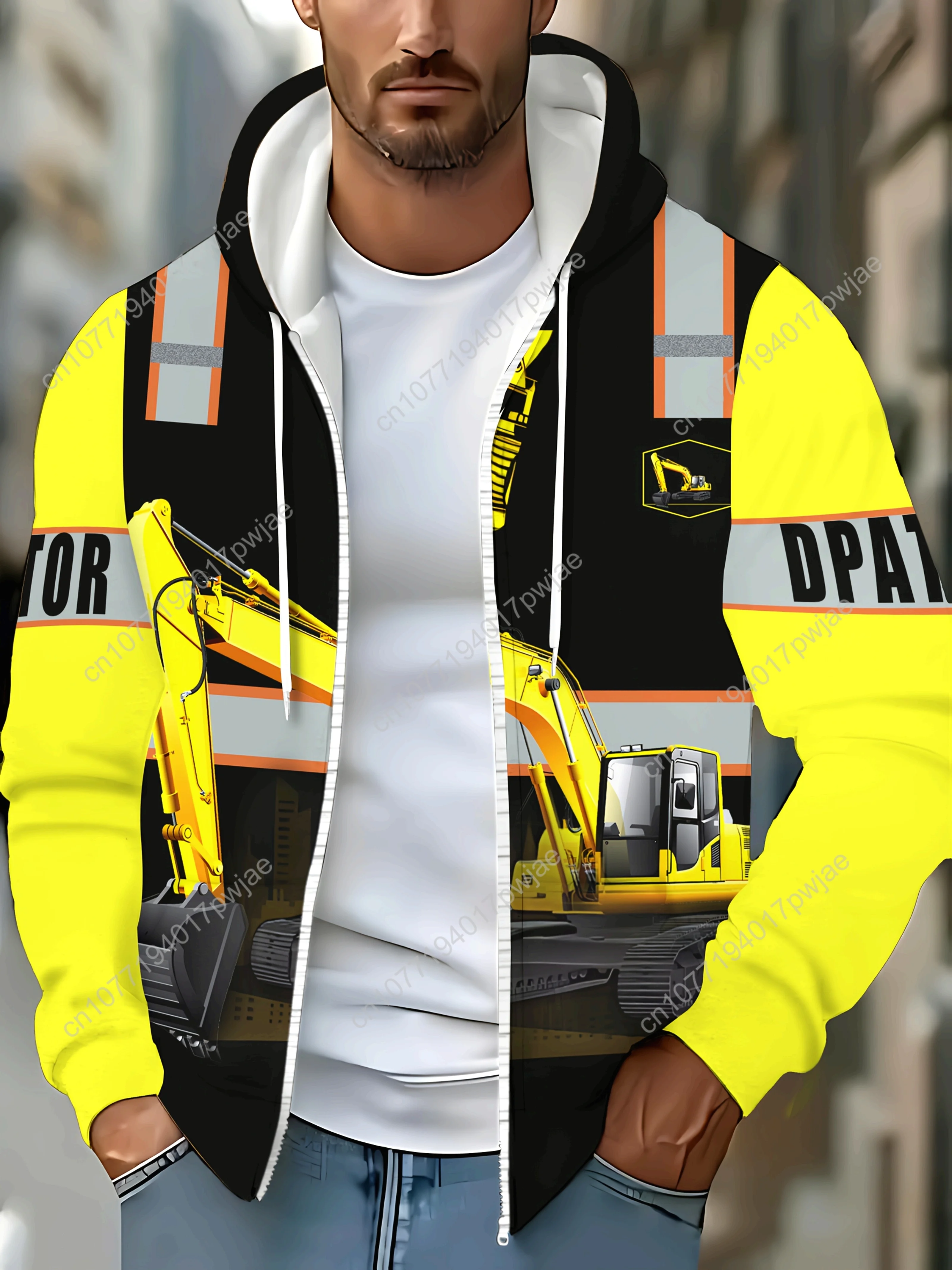 Мужские толстовки с капюшоном на молнии и длинными рукавами с рисунком экскаватора, осенне-зимняя повседневная уличная куртка на шнурке и поэзии