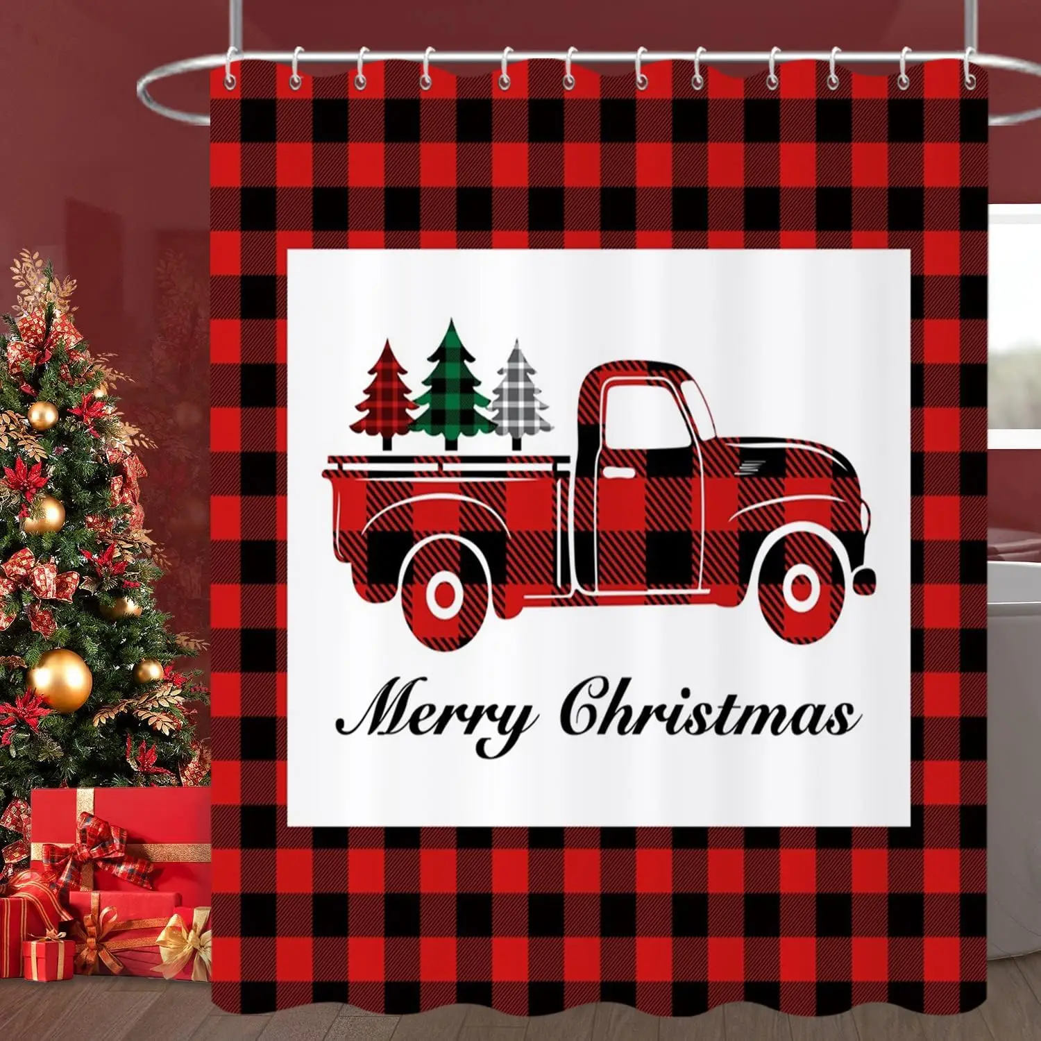 Christmas Shower Curtain, Red Buffalo Check Plaid Xmas Truck Winter New Year Holiday Bathroom Curtain Waterproof Fabric Machine