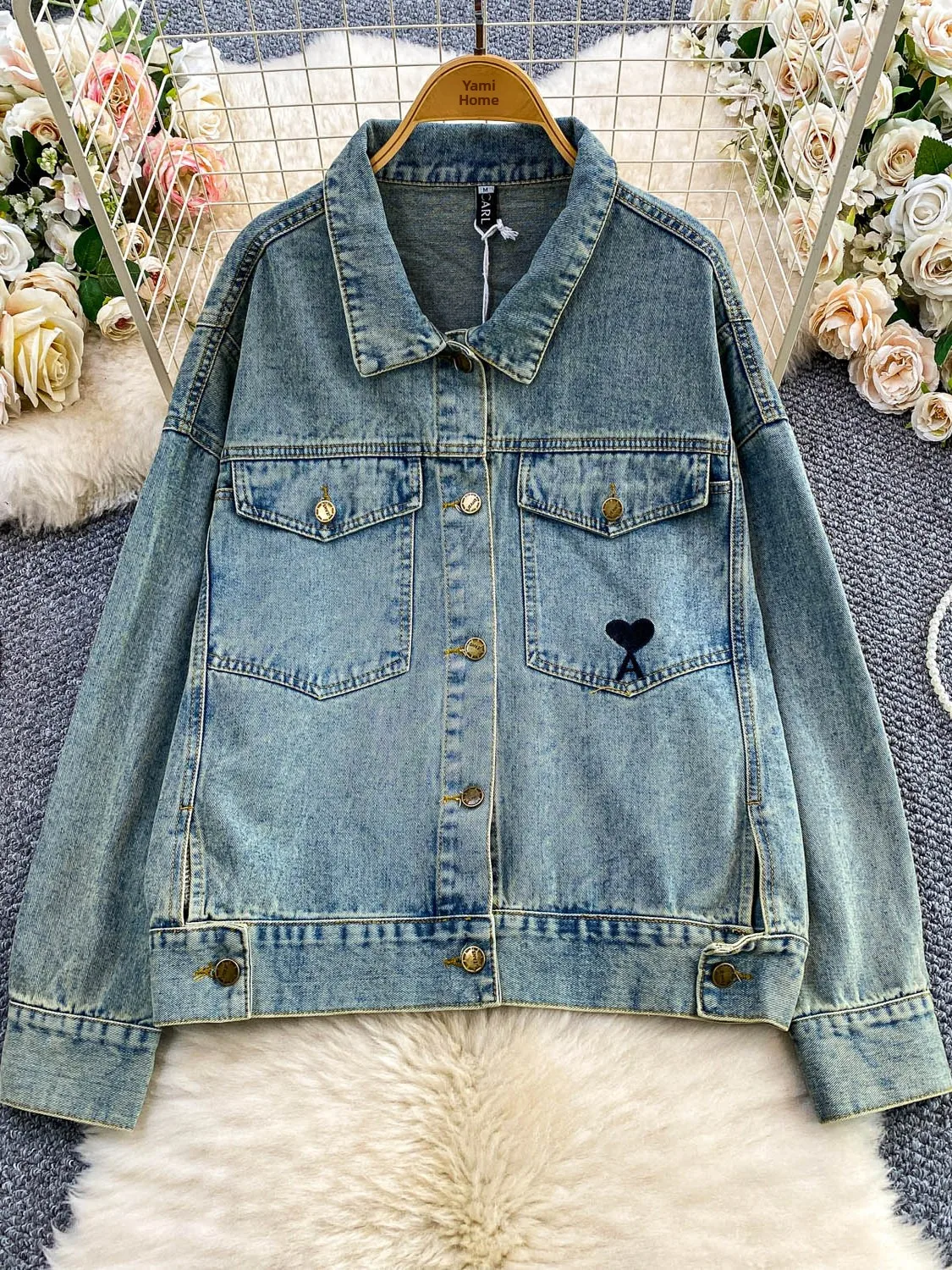 Chaqueta Vaquera Azul Vintage Entallada con Bordado, Manga Larga, Cuello Csero, Abotonada, Estilo Hoado para Mujer, Prim...