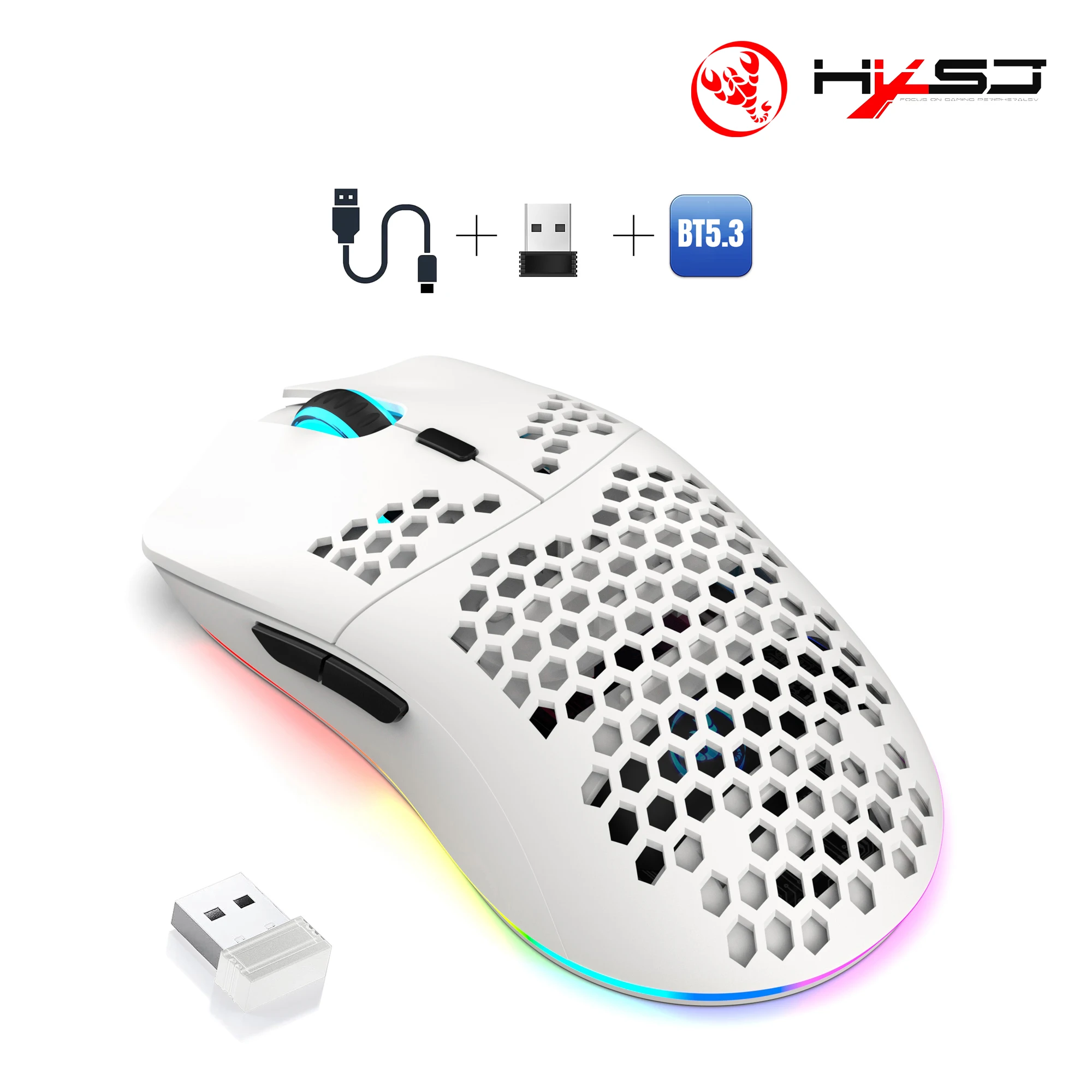 New arrival HXSJ T66 Tri-mode macro programmable RGB luminous 650mAh rechargeable gaming wireless honeycomb mouse for laptop