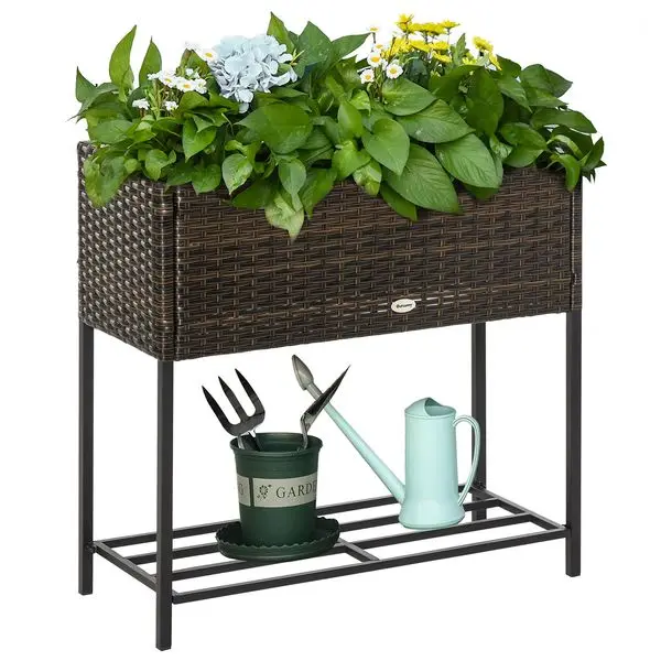 

Outsunny Elevated Rattan Planter Box with Tool Storage, Indoor/Outdoor, 28' High