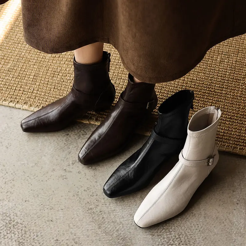 2026 autumn winter women ankle boots 22-25cm sheepskin+microfiber+pigskin/plush square toe back zip buckle women stretch boots