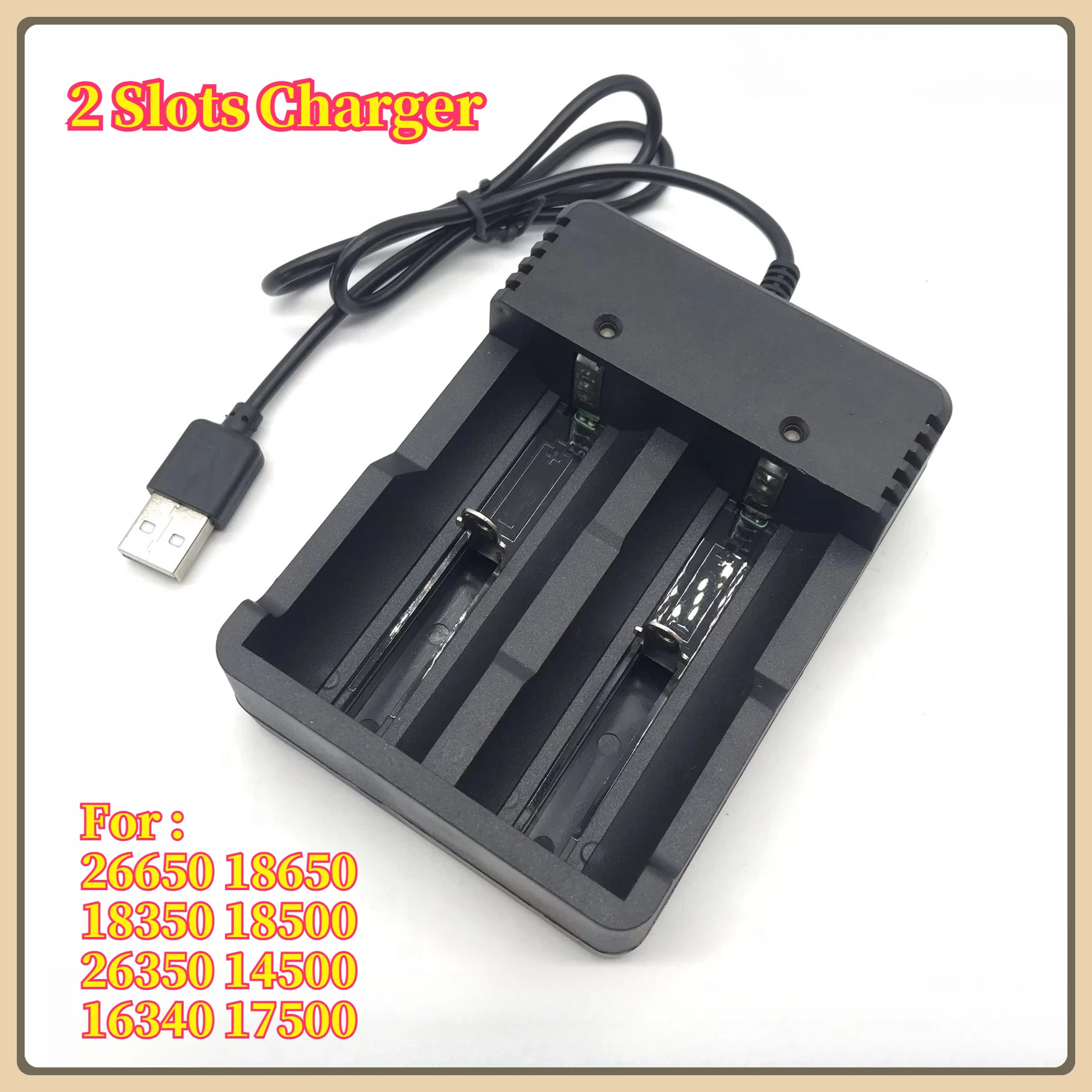 

2 Slots USB 18650 Lithium Battery Charger for 26650 18650 18350 18500 26350 14500 16340 17500 Battery Cherge Travel Portable