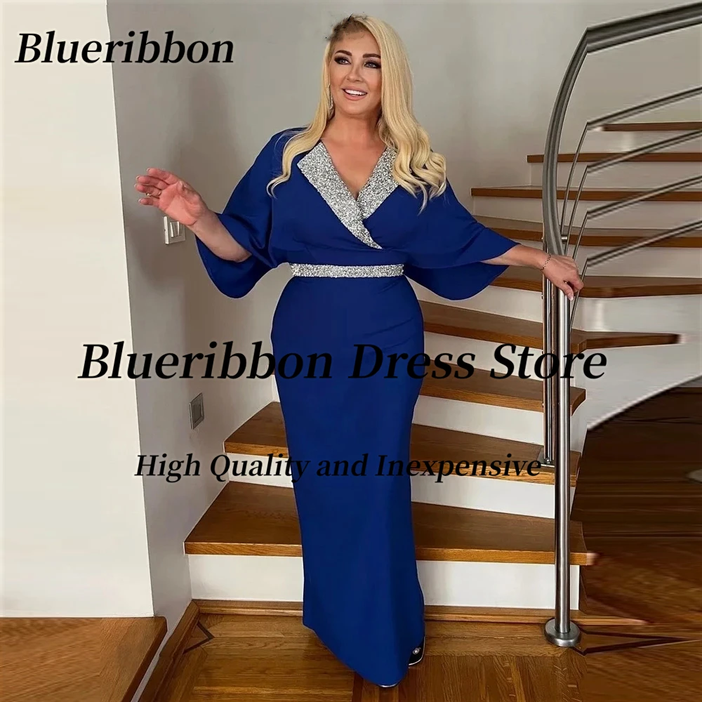 Blueribbon Mother of the Bride/Groom Dresses for Wedding Party V Neck Beaded Sash Evening Dress Mermaid Long Prom Gowns