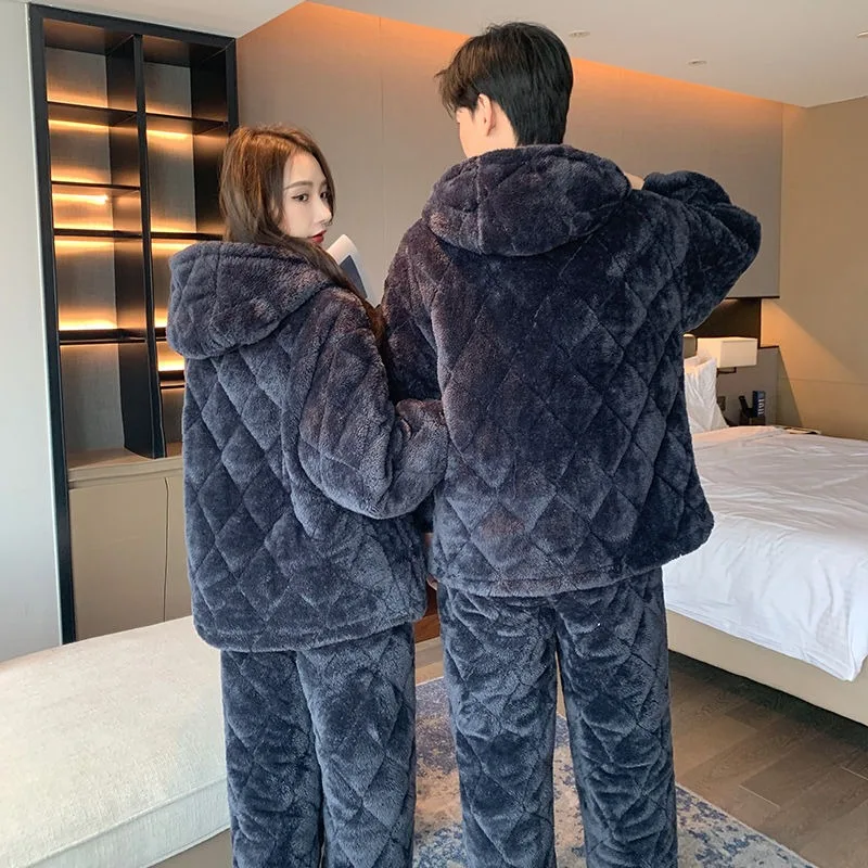 2023 New Sleepwear Men's Autumn and Winter Loungewear Three-layer Thickened Pajama Set for Warmth Preservation Hooded Homewear