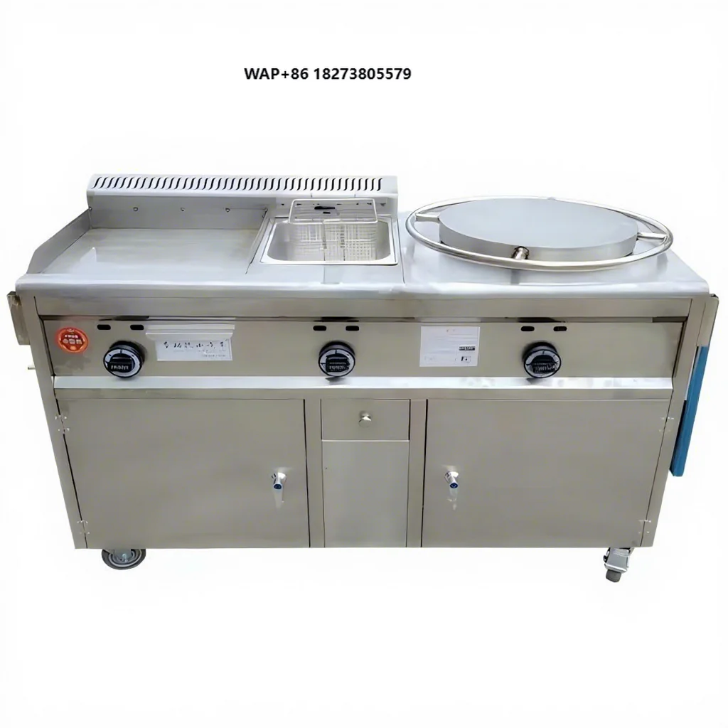 Commercial Stainless Steel 3-in-1 Mobile Food Cart Griddle Deep Fryer Crepe Maker Vintage Classic Style Street Food Cooking