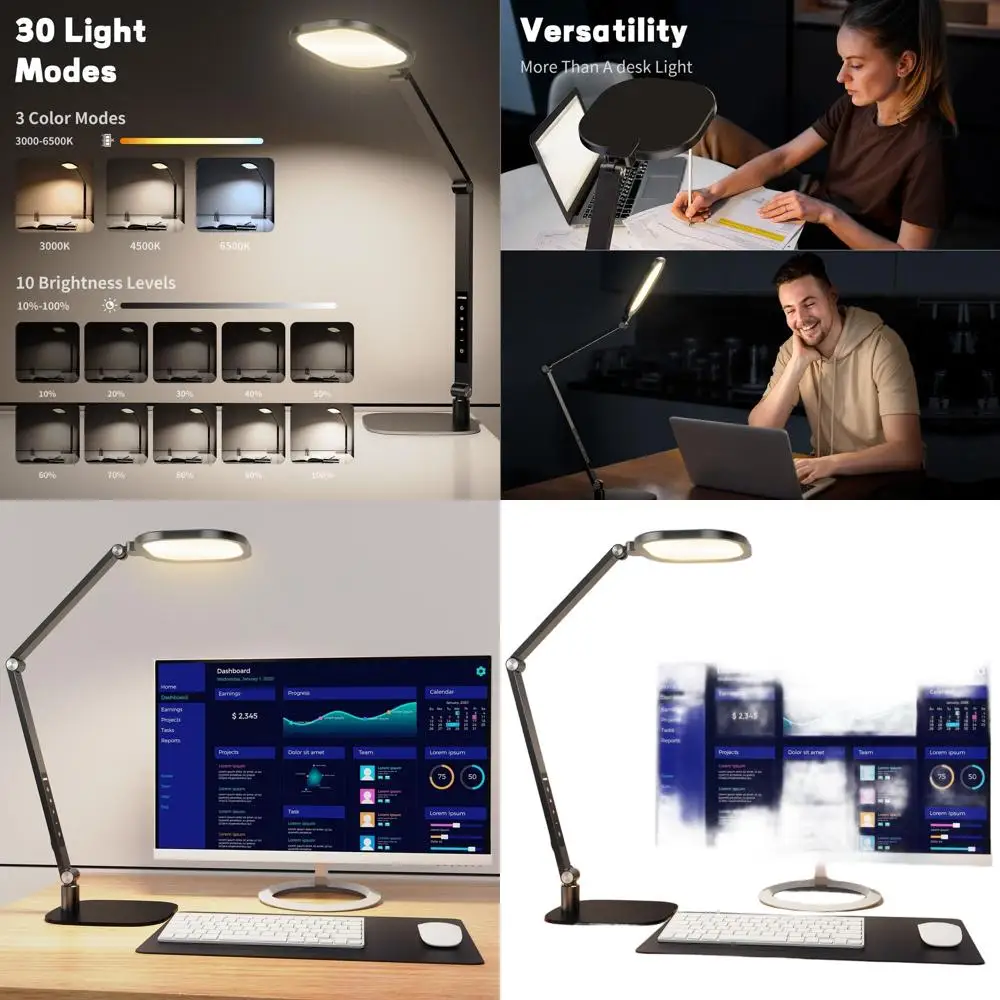 

Регулируемая металлическая настольная лампа с поворотным кронштейном, 3 цветовыми температурами, 10 уровнями яркости, функциями памяти и таймера для дома и офиса