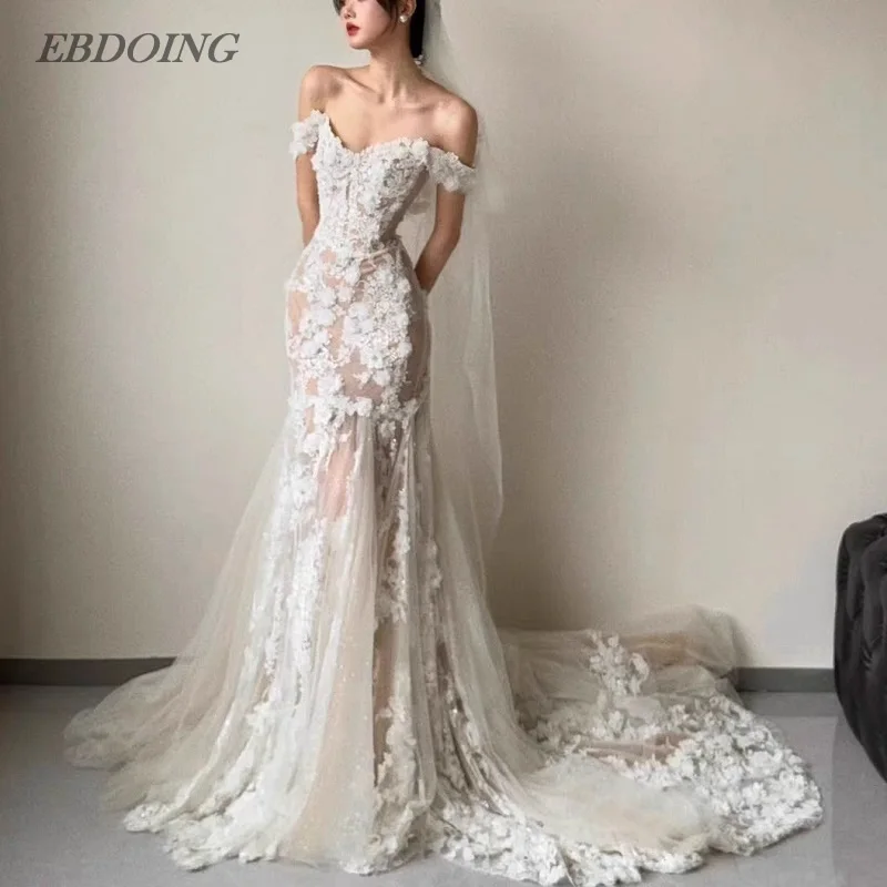 EBDOING Hochzeitskleid, Meerjungfrau, Spitze, herzförmiger Ausschnitt, Schnürung, Kapellenschleppe, individuelles Brautkleid