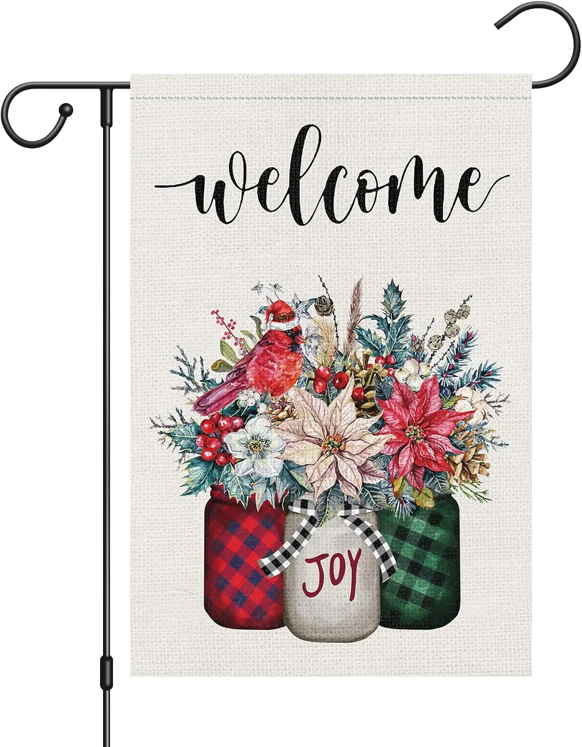 Louise Maelys Merry Christmas Mason Jar Floral Garden Flag 12x18 Double Sided, Burlap Welcome Winter Christmas Cardinals Garden