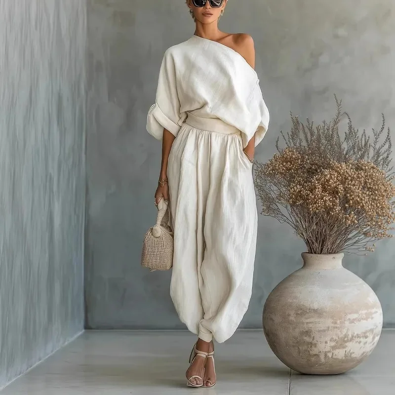 2026 New Summer Elegant Off Shoulder Long Sleeve Top Casual Lantern Pants Set Woman Sexy Solid Suit Autumn Loose Female Set