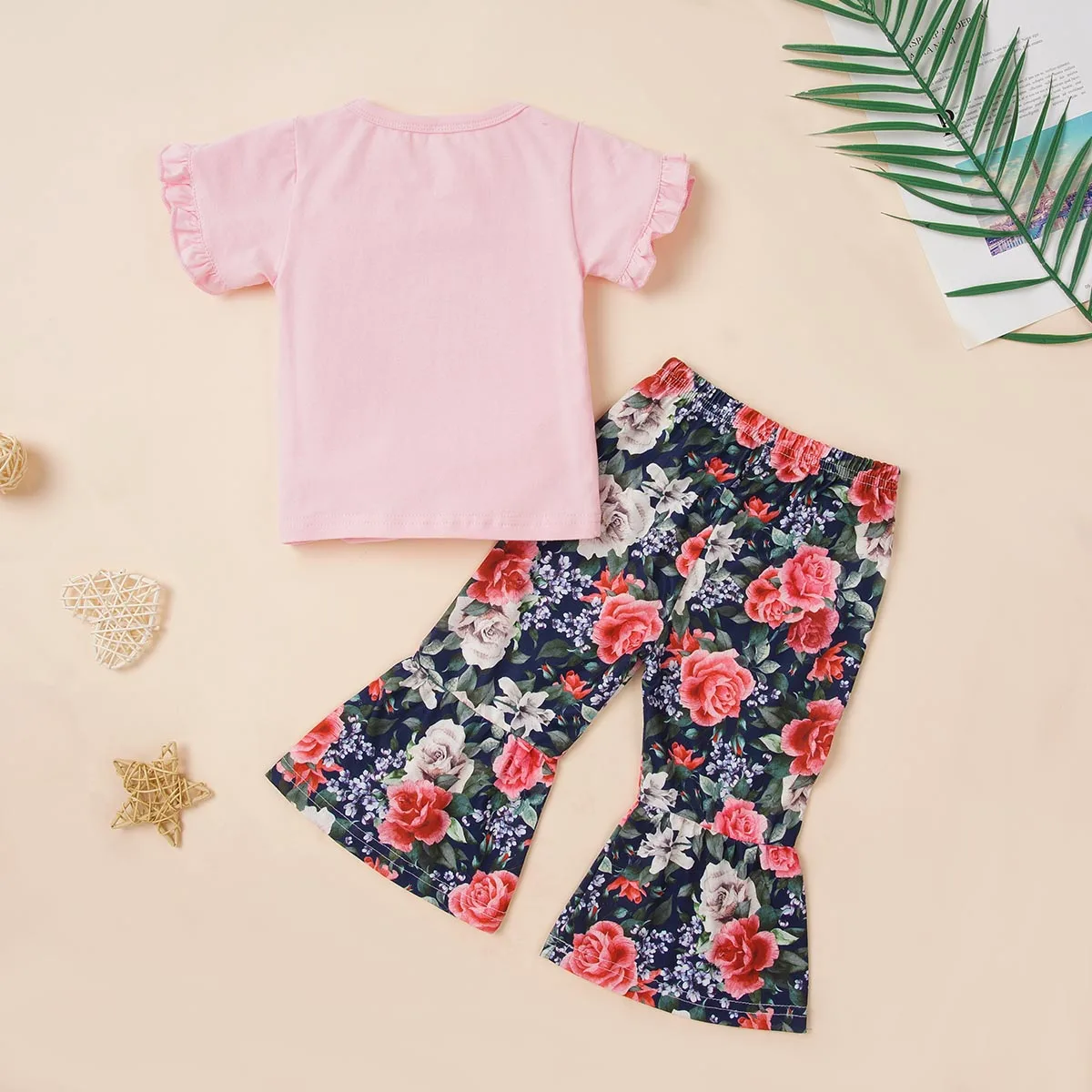 Girls' Clothing Set Round Neck Short Sleeve Printed T-shirt Flower Printed Flare Pants Two Piece Summer Girls' Cotton Set