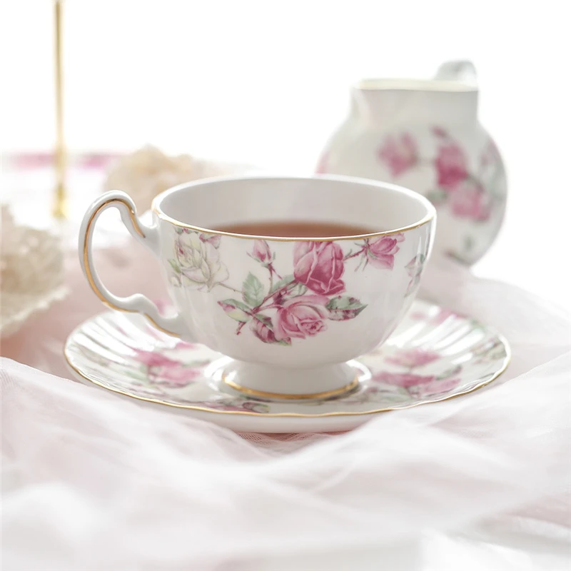 Ceramic Coffee Cup Pot Set Sugar Jug Milk Pot British Tea Set Warmhouse Gift Retro Bone China Pink Rose Printed Dessert Plate