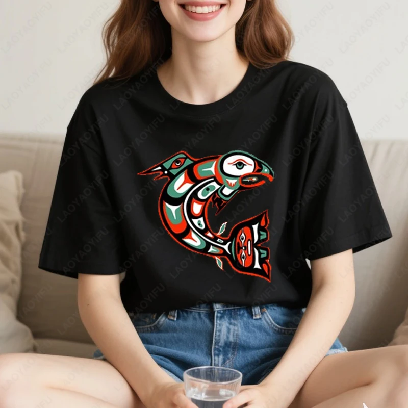 

Тотем лосося Haida Art Родная одежда Американский стиль Футболки с рисунком рыбы Мужчины Женщины Высококачественные хлопковые топы Повседневная уникальная футболка