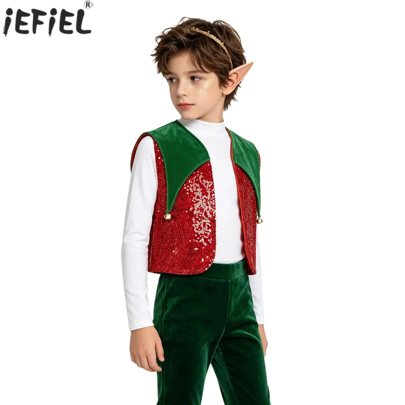 Kids Boys Girls Christmas Santa Elf Costume Velvet Panel Bell Sequin Vest Open Front Jazz Dance Waistcoat for Xmas Cosplay Party