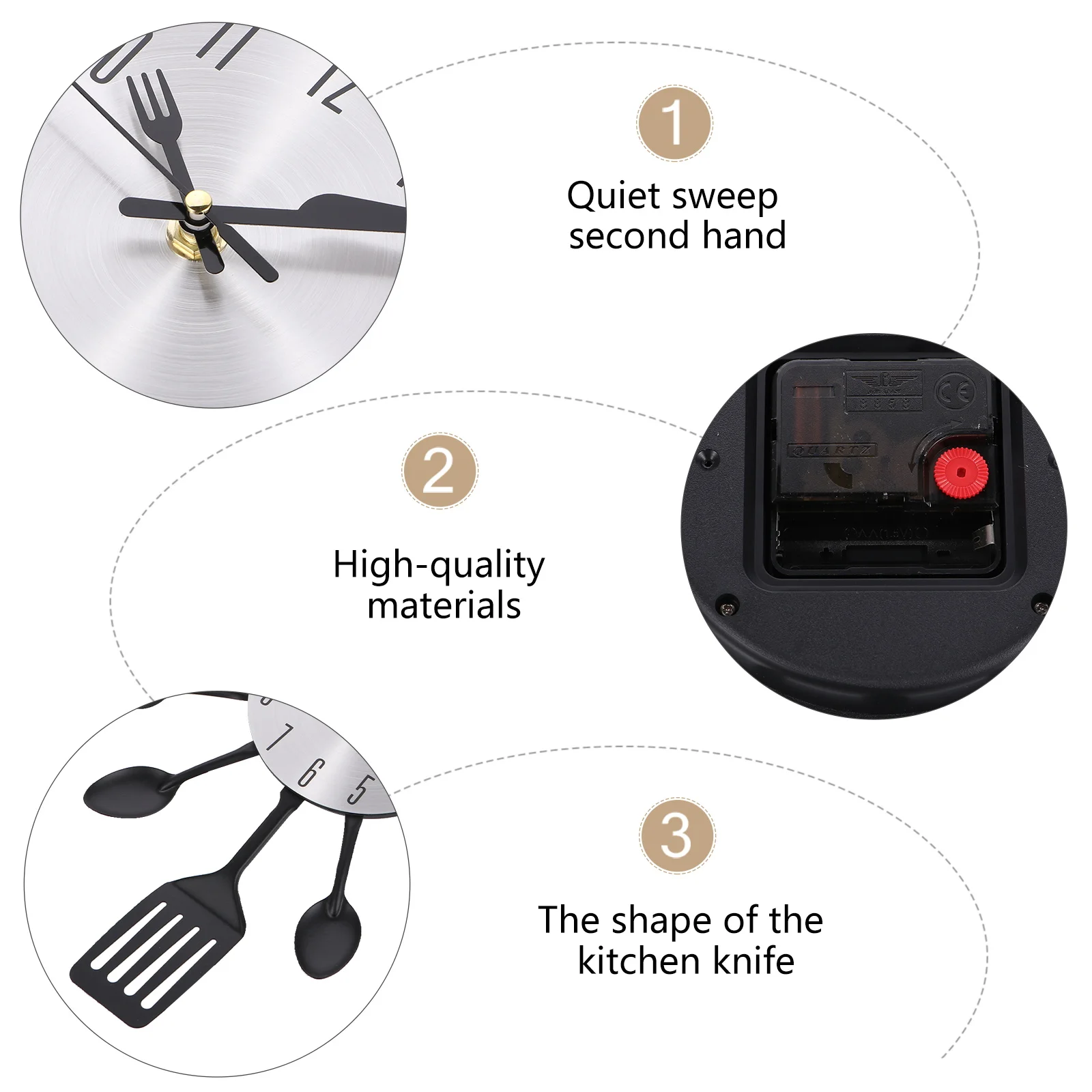 

1Pcs Kitchen Cutlery Wall Clock Stainless Steel Quartz Movement Quiet Sweep Creative Wall Hanging Clock for Living