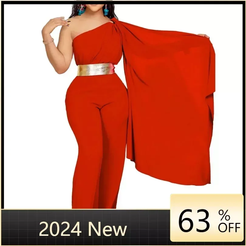 

Elegant Solid Color Commute Slim Jumpsuit Sexy Off Shoulder High Waist Long Romper Lady Shoulder Shawl Irregular Banquet Rompers