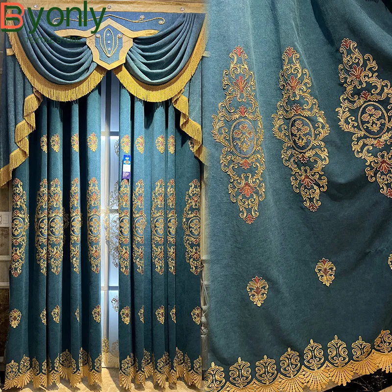 Blue Water Soluble Embroidery Window Screen Chenille Curtains for Living Room Bedroom French Window Balcony Window Customized