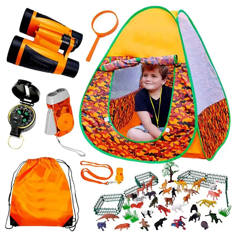 

Outdoor Campfire Toy Set Kids Outdoor Explorer Kit Tent Building Kit Pretend Campfire Set With Compass 53pcs Animal Kit Foldable