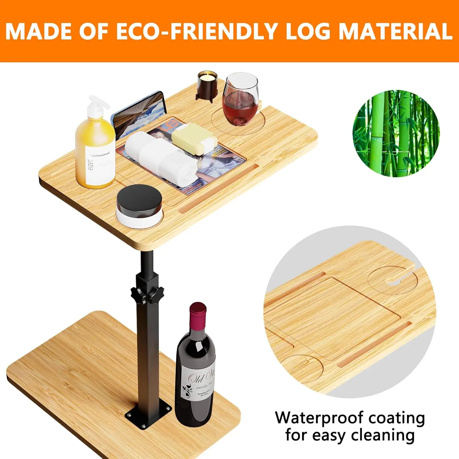 طاولة جانبية من الخيزران C 360 ° صينية تلفزيون دوارة للأريكة، طاولات جانبية للوجبات الخفيفة مع فتحة للهاتف والكمبيوتر اللوحي لحوض الاستحمام/الكرسي/السرير/الأريكة #3