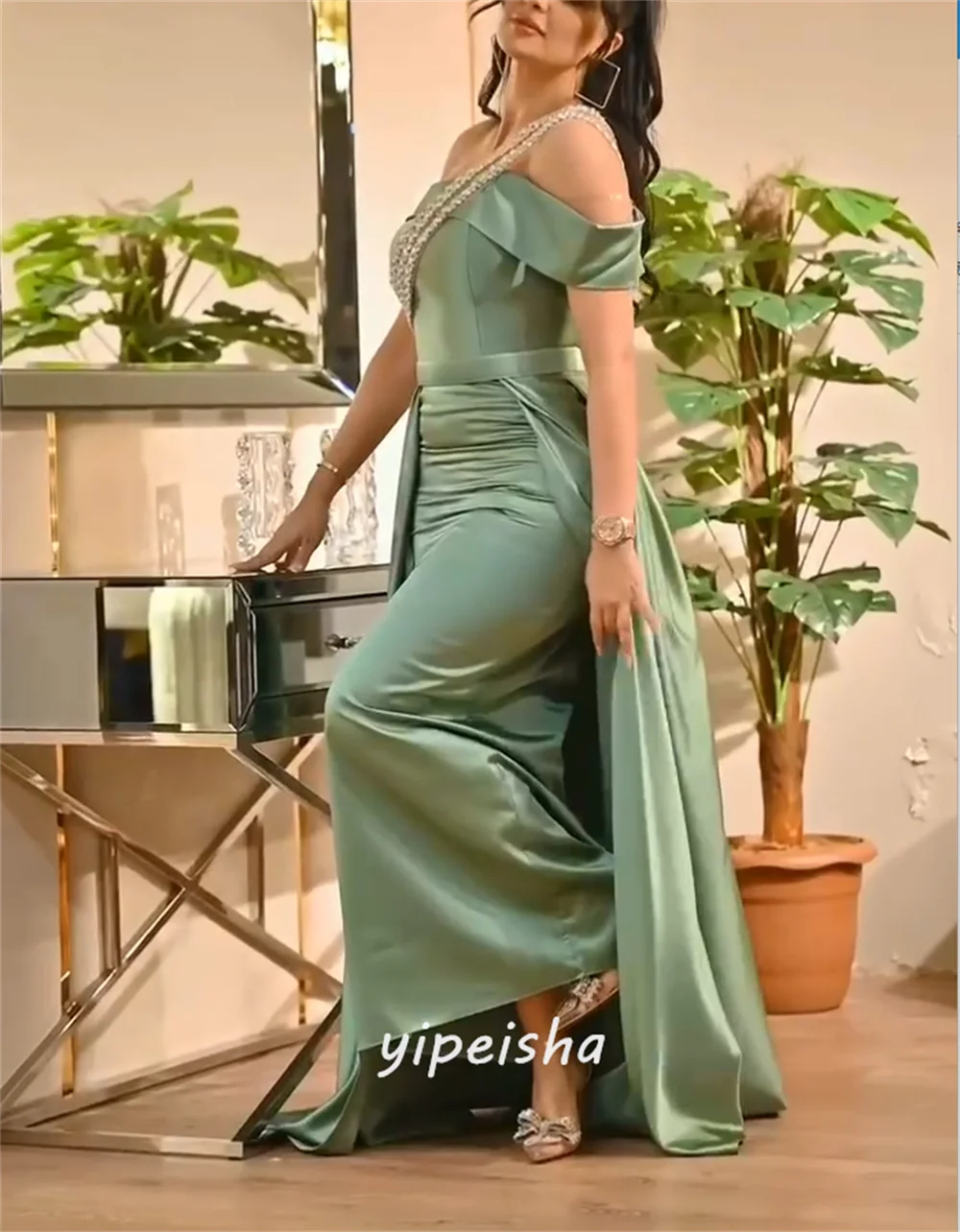 Customized  Sexy Casual   Satin Rhinestone Pleat Evening A-line One-shoulder Bespoke Occasion Gown Long Dresses