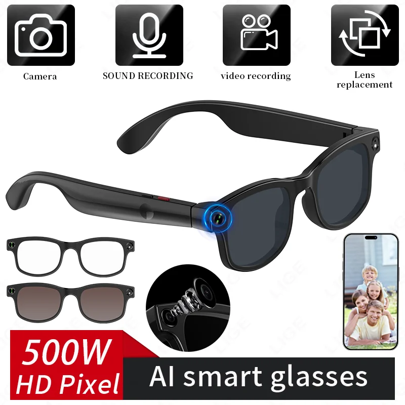 

LIGE 500W Pixel Camera Glasses Bluetooth Smart AI Glasses Micro Camera Photography Video Recorder Music Call 270mAh Sunglasses