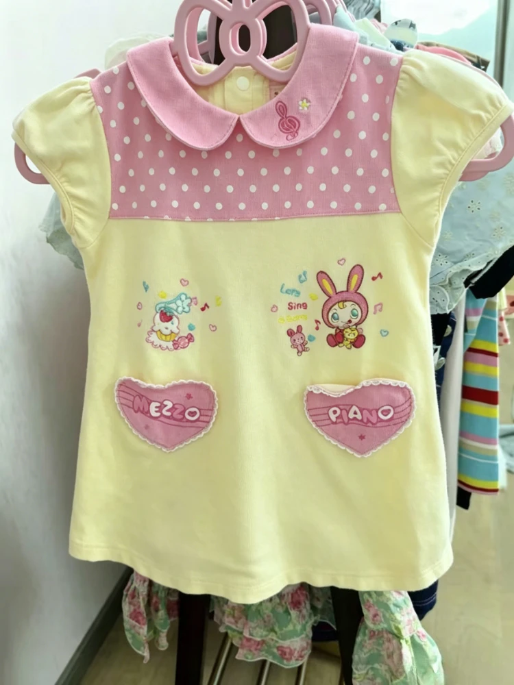 Kawaii Cute Cartoon Short Sleeve Tee Women Japanese Y2K Harajuku Peter Pan Collar Heart Pocket Summer Fashion T-shirt Tops